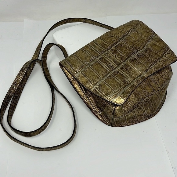 Carlos Falchi Structured Crossbody Goldtone Pewter Croc Embossed Leather Bag - Picture 1 of 15